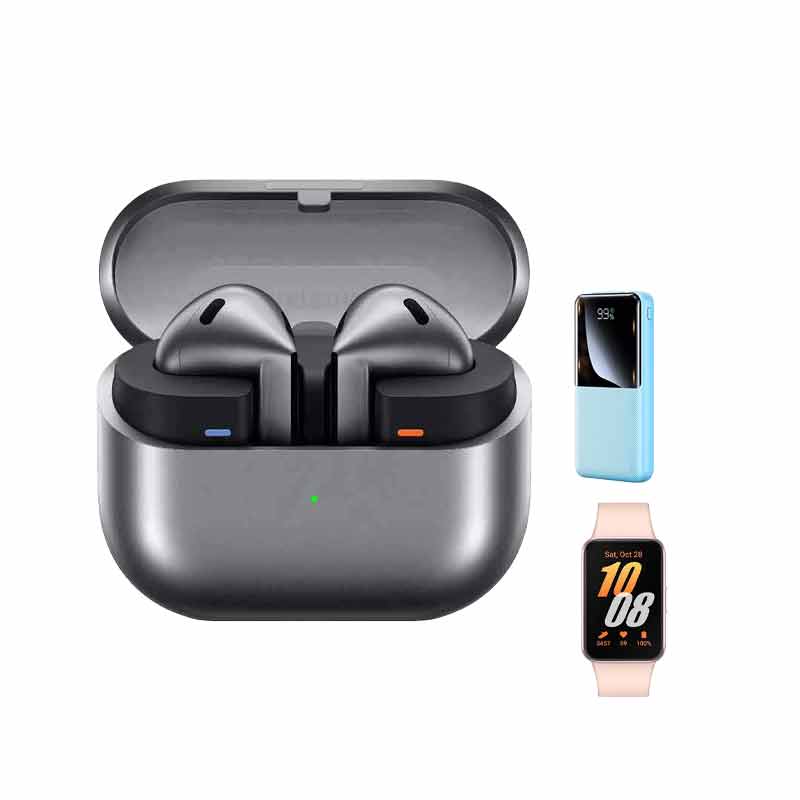 هدفون بلوتوثی سامسونگ مدل Galaxy Buds 3 + ساعت هوشمند سامسونگ مدل Galaxy Fit3 40mm + شارژر همراه ریمکس مدل Rpp-623 کد (VAL064)