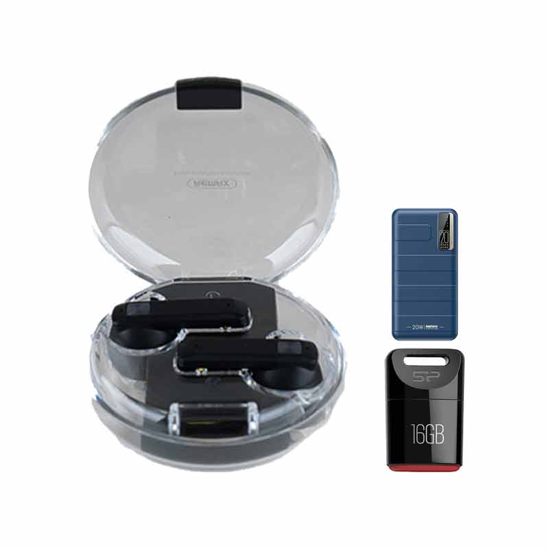 هدفون بلوتوثی ریمکس مدل Clearbuds C2 Linun + فلش مموری سیلیکون پاور مدل Touch T06 16GB + شارژر همراه ریمکس مدل Noah RPP-316 کد (VAL005)